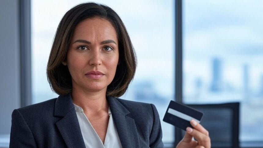 Business Credit Cards with No Credit - portrait of a business woman standing in the office and showing credit card holding on hand